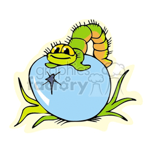 A cartoon inchworm on top of a cracked blue Easter egg with grass around it.