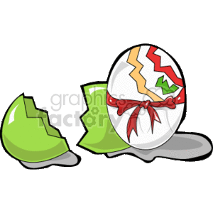 The clipart image shows a decorated Easter egg that is white with red and green patterns. The egg is cracked, with pieces of the green shell scattered around it, suggesting it has broken open. Around the center of the egg where it's cracked, there is a red ribbon tied in a bow.