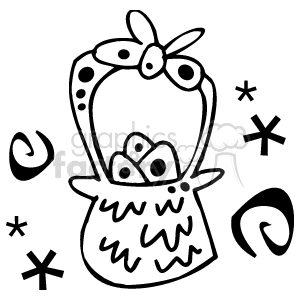 The image is a black and white line art drawing of an Easter basket adorned with a bow and filled with Easter eggs. The background features decorative elements such as swirls and star-like shapes.