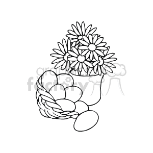 This is a black and white clipart image featuring a collection of Easter eggs arranged both inside and beside a woven basket. A cluster of daisy-like flowers appears above the Easter eggs, in a separate container, creating a festive, springtime arrangement typically associated with the Easter holiday.