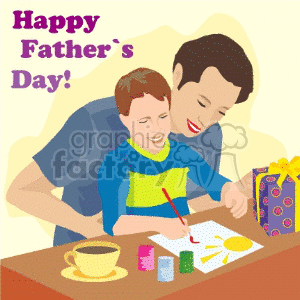 A father and son engaging in a fun painting activity together, with a Happy Father's Day message and a gift on the table.