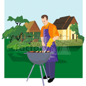 A man wearing an apron and gloves is grilling food on a barbecue in a backyard setting with houses in the background.