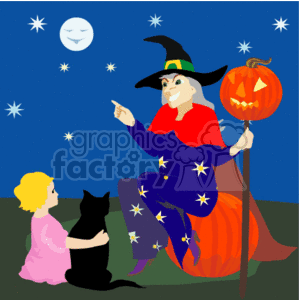A halloween witch sitting on a pumkin telling a little girl with a black cat a story