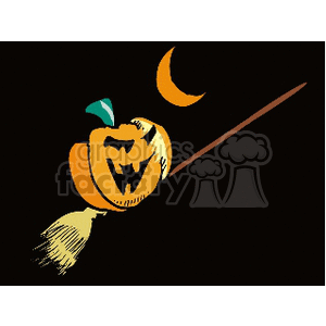 A Halloween-themed clipart image featuring a carved pumpkin with a spooky face placed on a broomstick. A crescent moon is visible in the background.