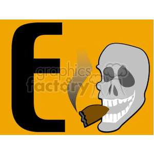 Illustration of a skull smoking a cigar with a large letter 'E' on an orange background.