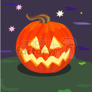 The clipart image features a Halloween pumpkin, also known as a jack-o'-lantern. The pumpkin is carved with a traditional face design, displaying a menacing grin with triangular eyes and nose. The jack-o'-lantern is illuminated from within, casting a warm glow. In the background, there's a night sky with stars and a few comets or meteors, and the pumpkin is sitting on what looks like a grassy surface.