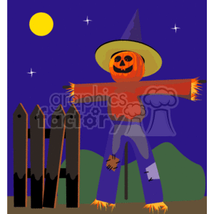   This clipart image features a Halloween theme set at night. It includes a scarecrow with a pumpkin head, wearing a witch