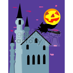 The clipart image features a silhouette of a haunted house or castle with pointed towers against a purple sky. In the background, there's a large full moon with a Jack-o'-lantern face. Flying in the forefront is a witch on a broomstick, and there are stylized clouds or mists scattered throughout the sky.