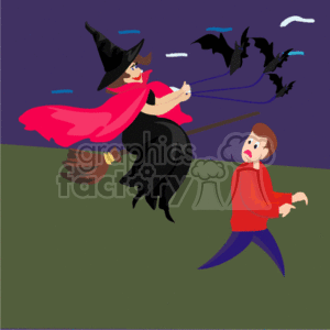 The clipart image depicts a scene of a witch flying on her broomstick, leading a group of bats, and a boy who looks startled or scared. The witch is wearing a traditional pointed hat and a cloak with a red lining. The background consists of a dark, dusky sky and a green ground, suggesting an outdoor, nighttime setting.