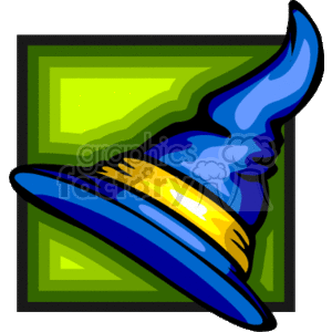 The image features a stylized illustration of a witch's hat, often associated with Halloween. The hat appears to be in shades of blue with a yellow band, set against a green and black abstract background.