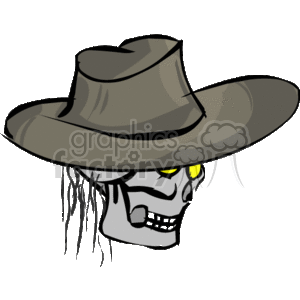 The clipart image features a stylized skull wearing a large-brimmed cowboy hat. The skull has dark eye sockets with yellow eyes, and it appears that some strands of hair or tattered fabric are hanging from under the hat, suggesting an eerie or spooky appearance, fitting for Halloween-themed graphics.