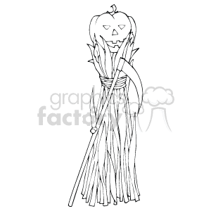 This clipart image features a Halloween-related figure, characterized by a bundle of corn stalks (often referred to as a corn stalk bundle or sheaf) forming a body tied with a rope. Atop the bundle is a carved pumpkin with a smiling face, representing the head – resembling a scarecrow or a symbolic figure for the harvest season. In one of its 'arms', it appears to be holding a scythe – a traditional agricultural tool associated with harvesting crops and, in popular culture, with the Grim Reaper.