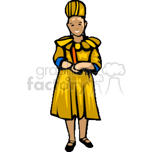 This clipart image depicts an African woman dressed in traditional clothing that is often associated with the celebration of Kwanzaa. She is wearing a vibrant, patterned dress with a matching hat. She has a pleasant expression on her face and is standing with her arms folded in front of her.