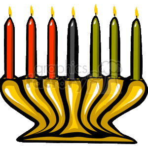 The clipart image depicts a Kinara, a candle holder used during the celebration of Kwanzaa. It holds seven candles, known as the Mishumaa Saba, in the traditional colors of Kwanzaa: three red candles on the left, one black candle in the center, and three green candles on the right.