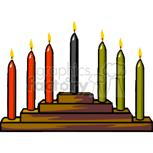 The clipart image depicts a Kinara, which is a candle holder used during the Kwanzaa holiday. There are seven candles in the Kinara, representing the seven principles of Kwanzaa: three red candles on the left, three green candles on the right, and a central black candle. Each candle is lit on a different day of the Kwanzaa celebration, which lasts from December 26th to January 1st.