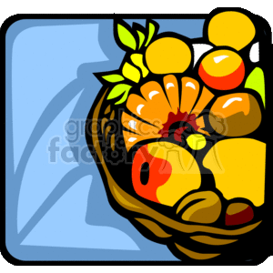   The clipart image shows a vibrantly colored fruit basket filled with various fruits. The basket appears to be woven, and the fruits include possibilities like oranges, apples, lemons, and perhaps a banana. There are also green leaves decorating the basket, adding to the festive and abundant look of the presentation. This image might be associated with Kwanzaa due to the traditional use of fruit to celebrate the harvest and the festival