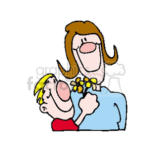 Cartoon of a child giving flowers to their mother, symbolizing love and celebration for Mother's Day.