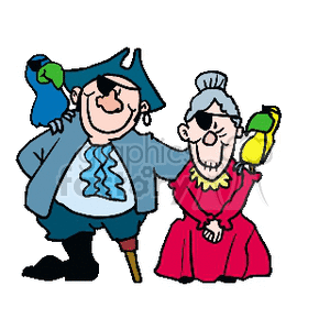 Pirate Couple With Parrots - Fun Holiday Cartoon