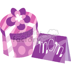   The clipart image features a stylized gift box with a flower on top and a card next to it. The gift box is decorated with stripes and polka dots, predominantly in shades of purple and pink. The card next to the gift box has the word Mom written on it, suggesting that the image is related to Mother