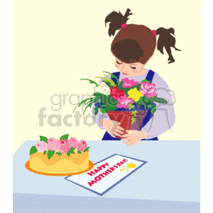 A young girl holding a bouquet of flowers next to a table with a cake and a card reading 'Happy Mother's Day'.