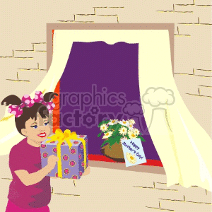 A clipart image of a child holding a gift in front of a window with a potted plant and a 'Happy Mother's Day' card.