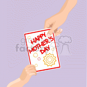 Clipart image of two hands exchanging a card that reads 'Happy Mother's Day' with decorative elements.