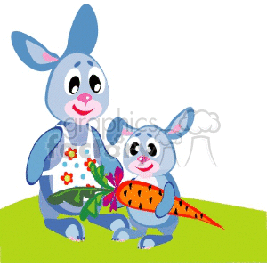 A cute illustration of a mother bunny and her baby bunny holding a large carrot, sitting on grass. The mother bunny is wearing a floral apron.