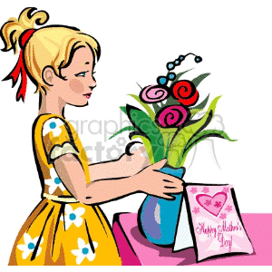 Clipart illustration of a girl placing a vase of flowers next to a Mother's Day card.