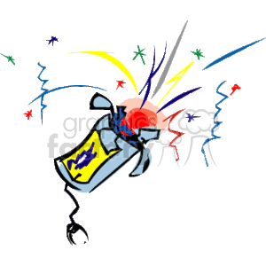   The clipart image depicts a colorful celebration with a popping party popper or confetti cannon, with vibrant streams of confetti, and festive streamers. It is themed around New Year