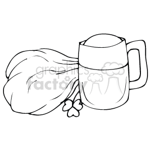 The clipart image features a beer mug with a handle, commonly associated with ale, placed next to what appears to be a sack or bag that could symbolize riches or luck. Additionally, there's a three-leaf clover, often associated with Irish culture and St. Patrick's Day.