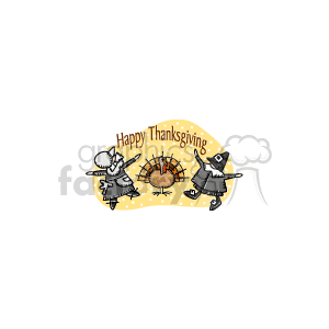 The clipart image depicts a Thanksgiving theme featuring two pilgrims (one male and one female) with a turkey in between them. They all appear joyful, suggesting a festive, happy mood. The words Happy Thanksgiving are prominently displayed above, tying the elements together to celebrate the holiday. 