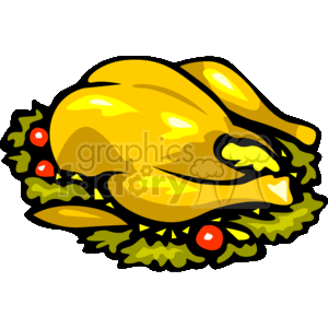 The image is a clipart of a roasted turkey on a bed of lettuce with garnishes, which is a traditional food commonly associated with Thanksgiving celebrations.