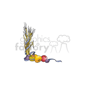 The clipart image features a harvest-themed arrangement that includes stalks of wheat and a selection of fruit, which appear to be apples and pears, typically associated with the fall or autumn season and Thanksgiving holidays.