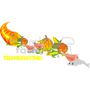 A festive Thanksgiving cornucopia overflowing with pumpkins, corn on the cob, fish, and meats, symbolizing abundance and feast.