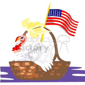 A Thanksgiving-themed clipart image featuring a turkey in a basket with an American flag.