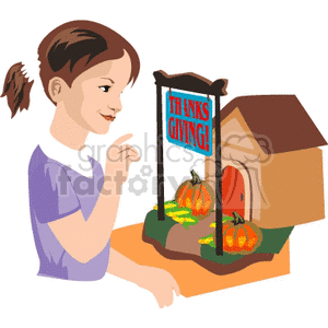 Clipart of a girl looking at pumpkins with a sign that says 'Thanksgiving' next to a house.