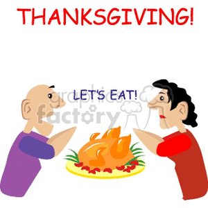 Clipart image of a Thanksgiving dinner with two people excited to eat a roasted turkey.