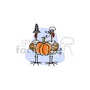   The clipart image features two cartoon turkeys. One turkey wears a pilgrim hat, and the other wears a cook