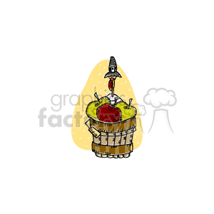   The clipart image depicts a barrel full of apples with a turkey popping out from inside it, wearing a pilgrim hat. In the background, there