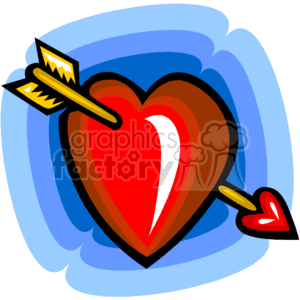 The clipart image features a large red heart with a stylized appearance, with a gradient ranging from a darker shade at the edges to a lighter shade in the center. Piercing the heart is an arrow with a yellow fletching and pointed tip, and there's a smaller heart at the other end of the arrow. The background consists of abstract blue swirls that frame the heart and arrow, creating a sense of motion.