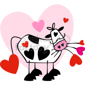 The clipart image features a whimsical cartoon cow with black spots in the shape of hearts. The cow is set against a large pink heart in the background and there are smaller hearts floating around. The cow has a cheerful expression and is portrayed in a cute, stylized manner, fitting the theme of love and Valentine's Day.