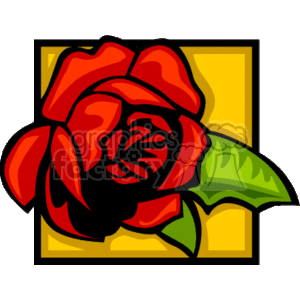   The clipart image features a stylized red rose with a green leaf, set against a yellow square background. The rose symbolizes love and is often associated with holidays like Valentine