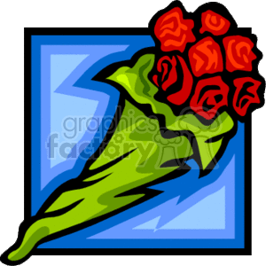   The clipart image shows a bouquet of red roses with green stems and leaves. The bouquet is stylized with bold outlines and bright colors, and it