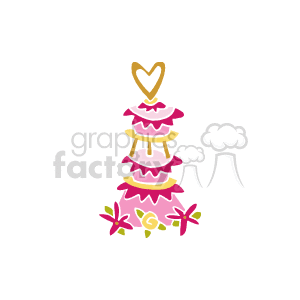 The image is a stylized representation of a multi-tiered wedding cake decorated with pink accents and topped with a heart-shaped topper. Around the base of the cake, there appear to be pink flowers, possibly for decoration.