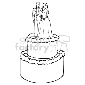   The clipart image depicts a traditional wedding cake topper featuring a bride and groom standing together on top of a multi-tiered wedding cake. The cake has decorative icing along each tier
