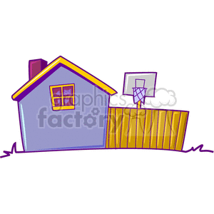 Illustration of a house with a basketball hoop in the backyard.