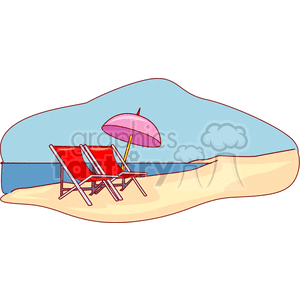 Clipart image of a beach scene with two red deck chairs and a pink beach umbrella on the sand by the ocean.