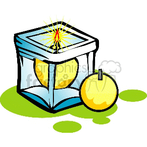 Clipart illustration of a lit candle in a glass holder with a decorative apple.