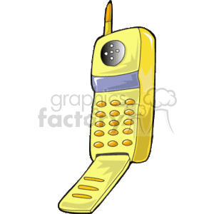 The clipart image depicts a yellow cordless telephone with an extended antenna and an open keypad.