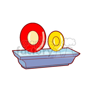 Clipart image of a shelf with two circular objects, one red and one yellow.